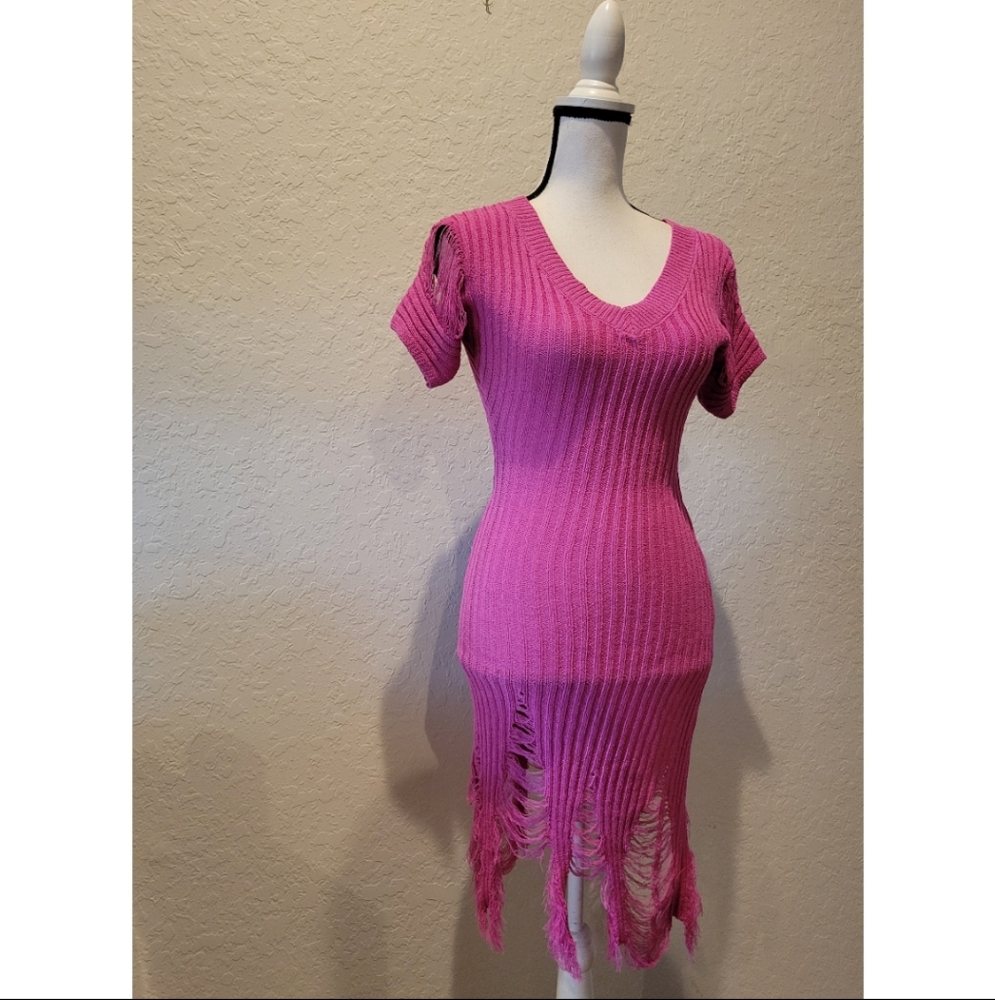Pink Distressed Knit Sweater Dress - Picture 3 of 4